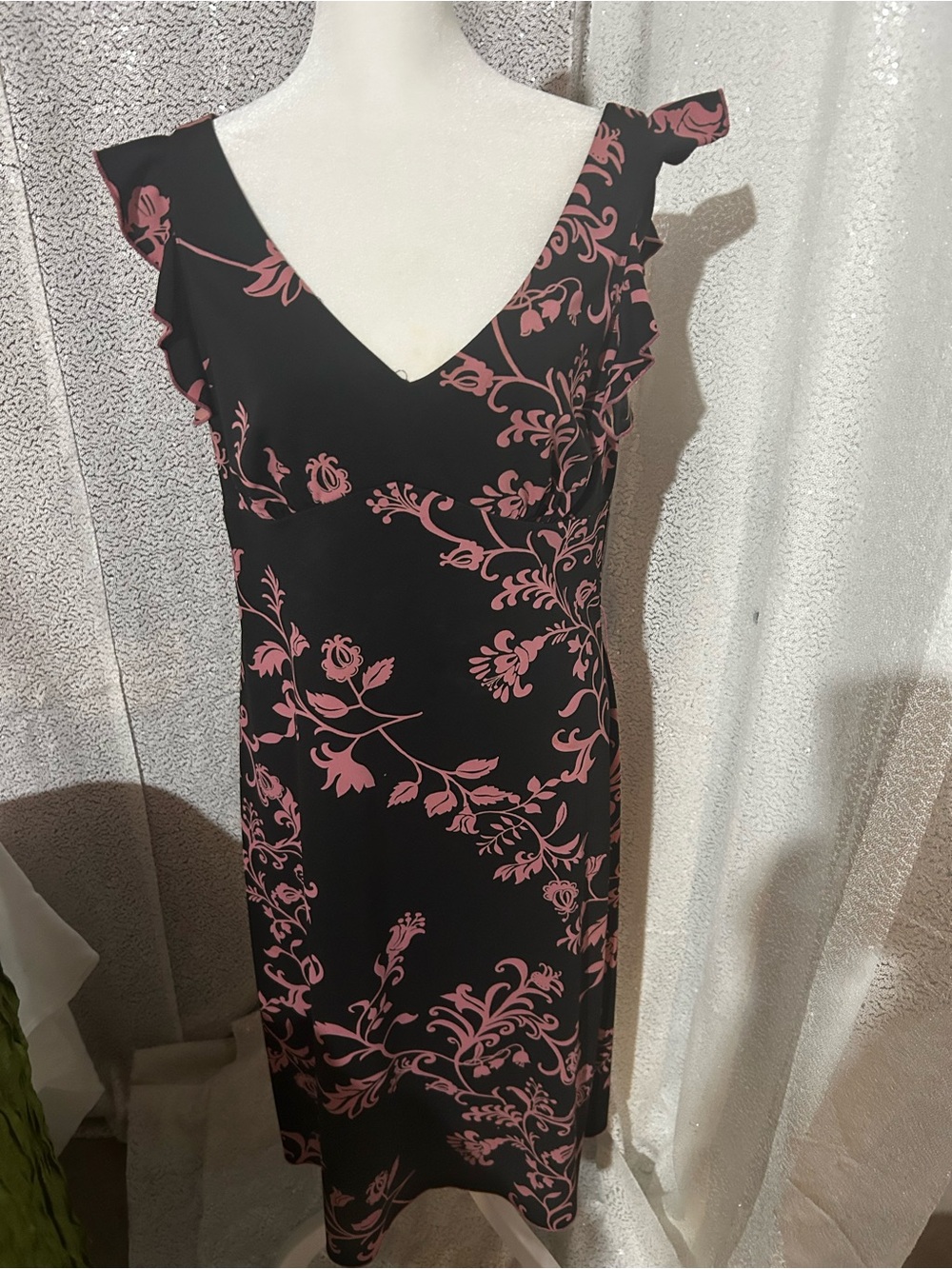 Black Dress with Pink Floral Print and V-Neck